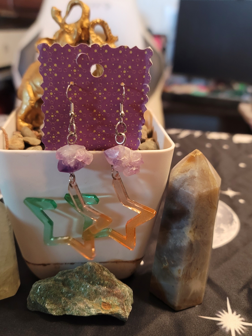 🔥3 For $20 Handmade Purple Amethyst & Two-Tone Star Drop Earrings
